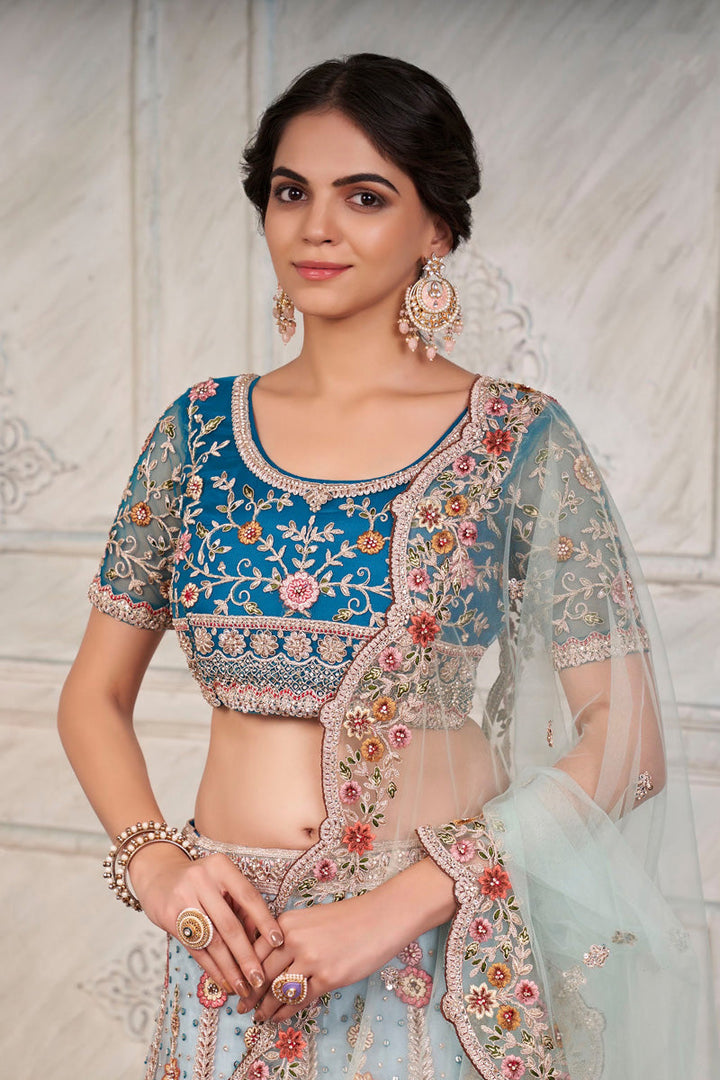 Blue Color Bright Net Fabric Wedding Wear Lehenga Choli