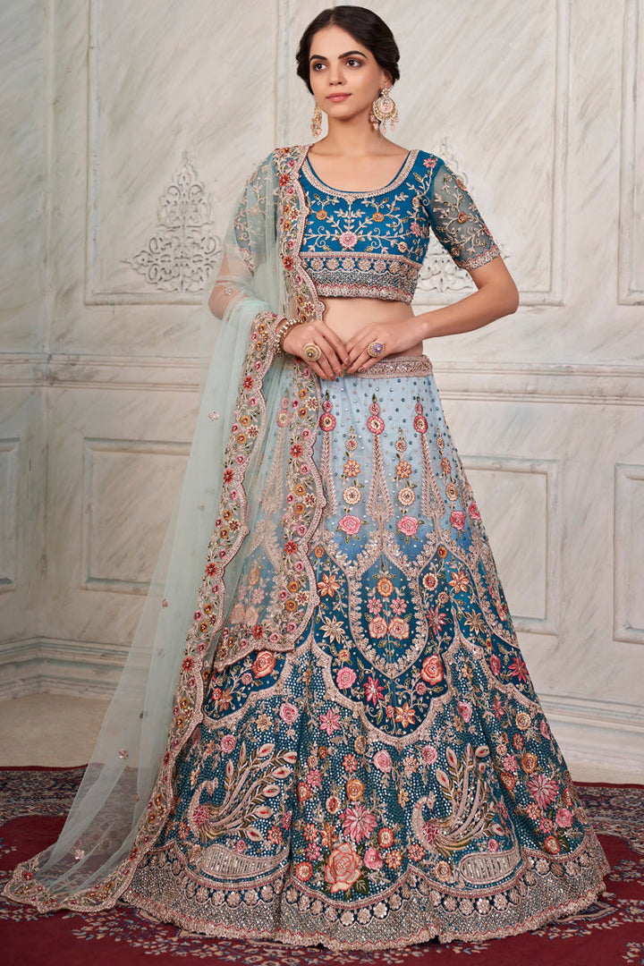 Blue Color Bright Net Fabric Wedding Wear Lehenga Choli