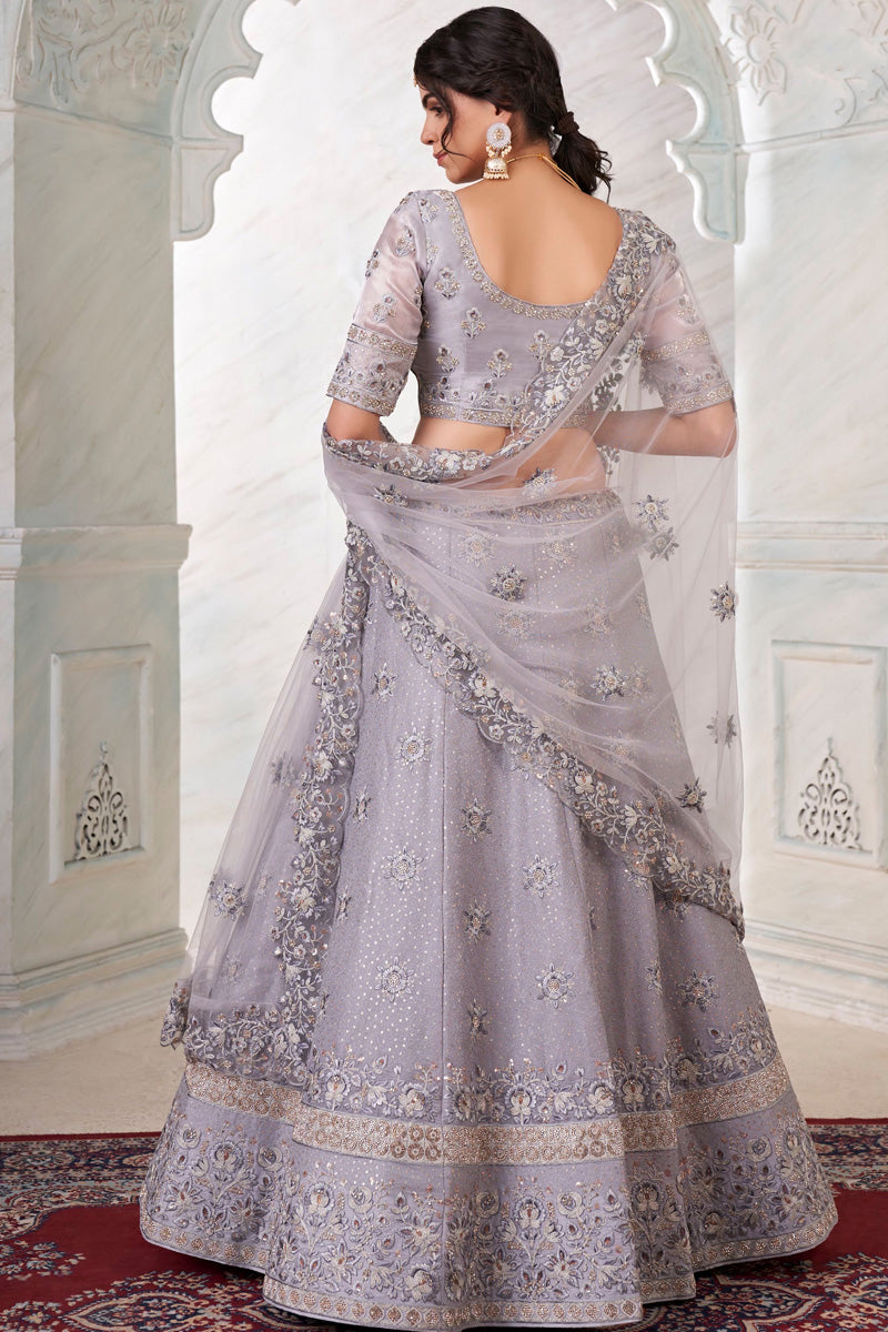 Elegant Net Fabric Wedding Wear Lehenga Choli in Grey Color