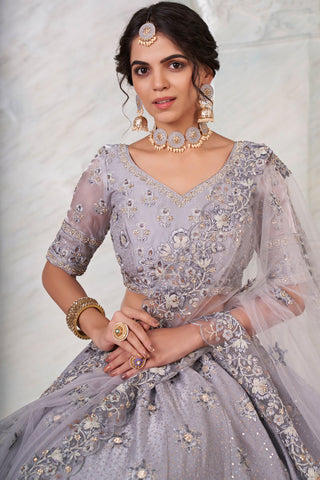 Elegant Net Fabric Wedding Wear Lehenga Choli in Grey Color