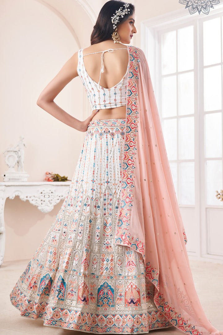 Charming White Color Georgetet Lehenga With Sequins Work