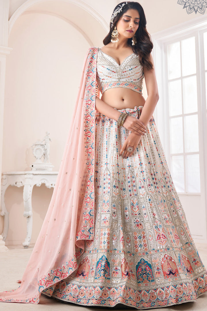 Charming White Color Georgetet Lehenga With Sequins Work