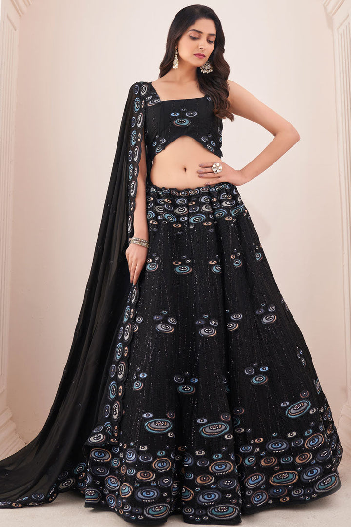 Black Georgette Fabric Wedding Wear Tempting Lehenga