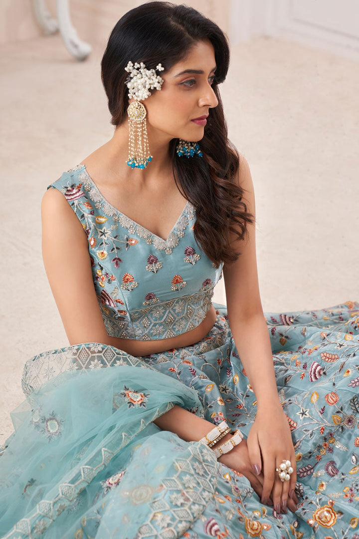 Sky Blue Silk Fabric Wedding Wear Awesome Lehenga