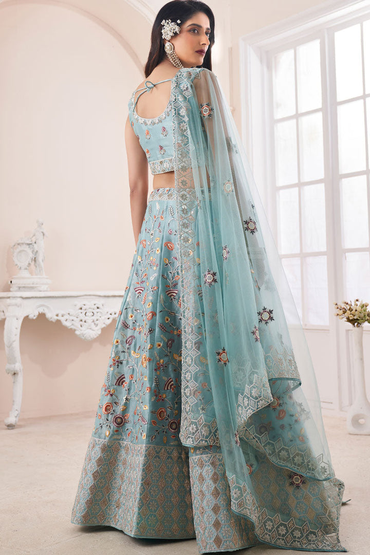 Sky Blue Silk Fabric Wedding Wear Awesome Lehenga