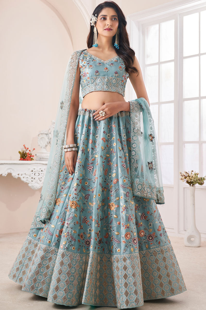 Sky Blue Silk Fabric Wedding Wear Awesome Lehenga