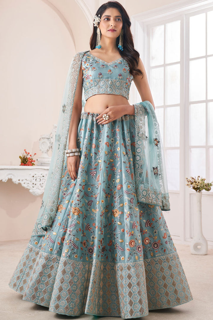 Sky Blue Silk Fabric Wedding Wear Awesome Lehenga
