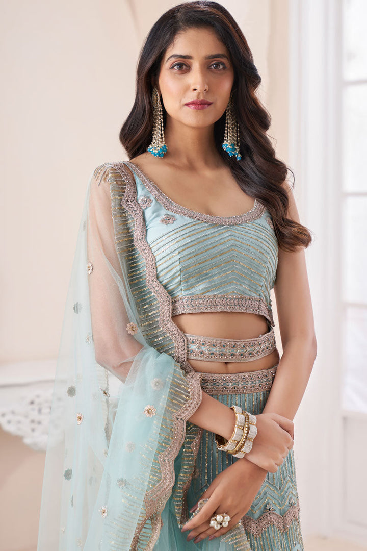 Net Fabric Wedding Wear Beatific Lehenga In Light Cyan Color
