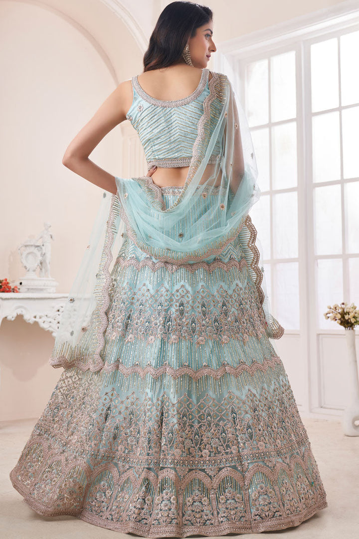 Net Fabric Wedding Wear Beatific Lehenga In Light Cyan Color