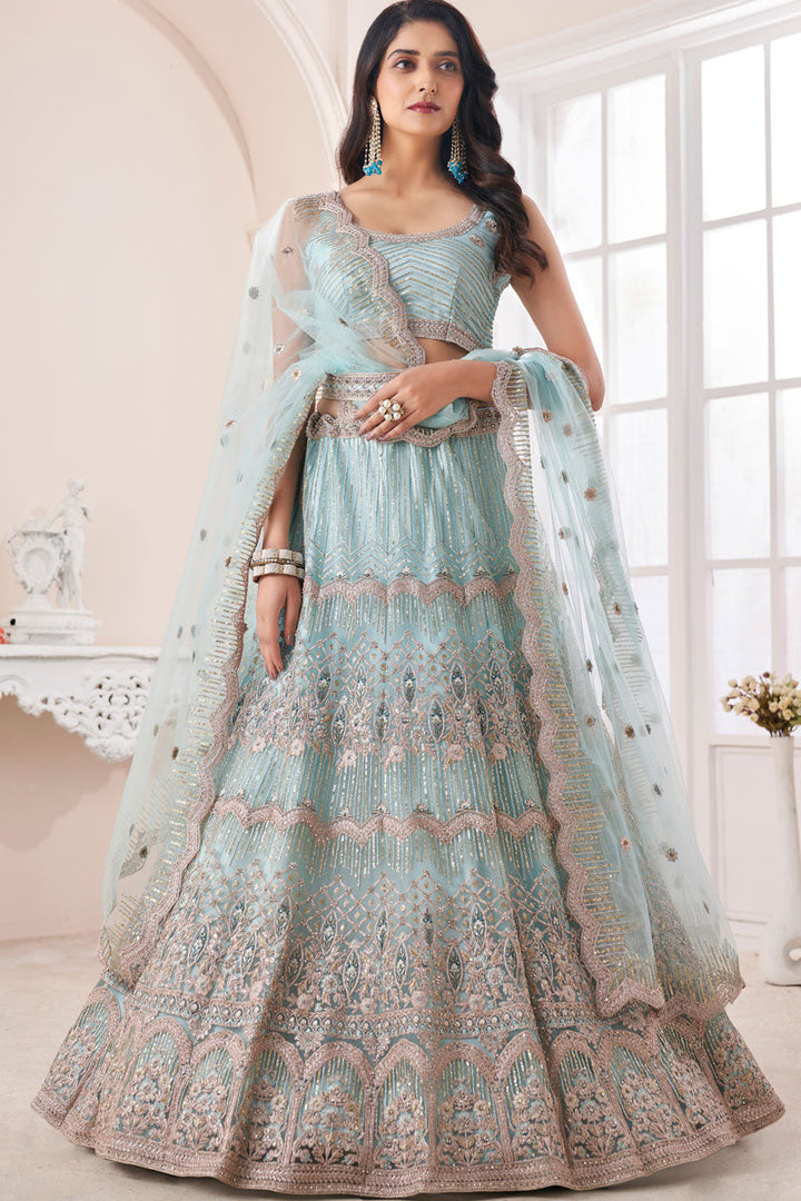 Net Fabric Wedding Wear Beatific Lehenga In Light Cyan Color