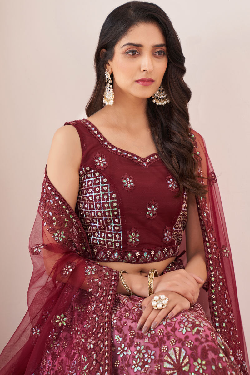 Wedding Wear Burgundy Inventive Lehenga In Net Fabric