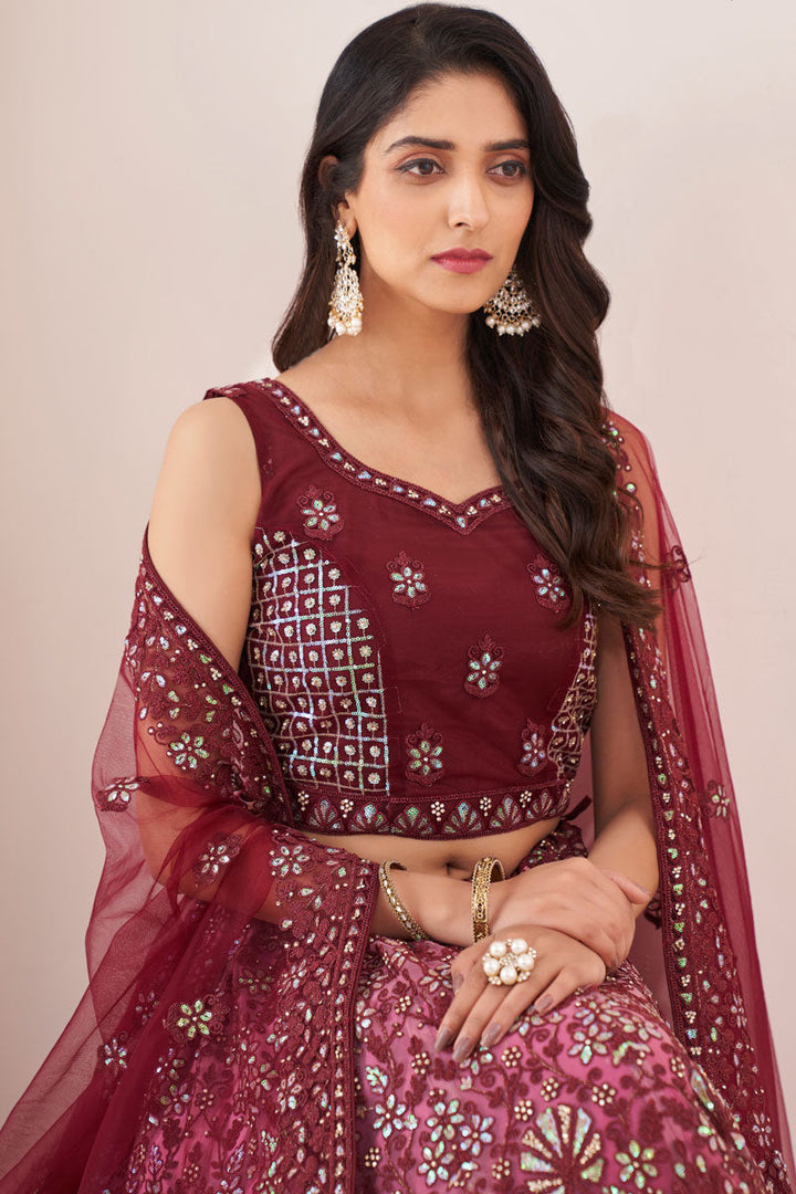 Wedding Wear Burgundy Inventive Lehenga In Net Fabric