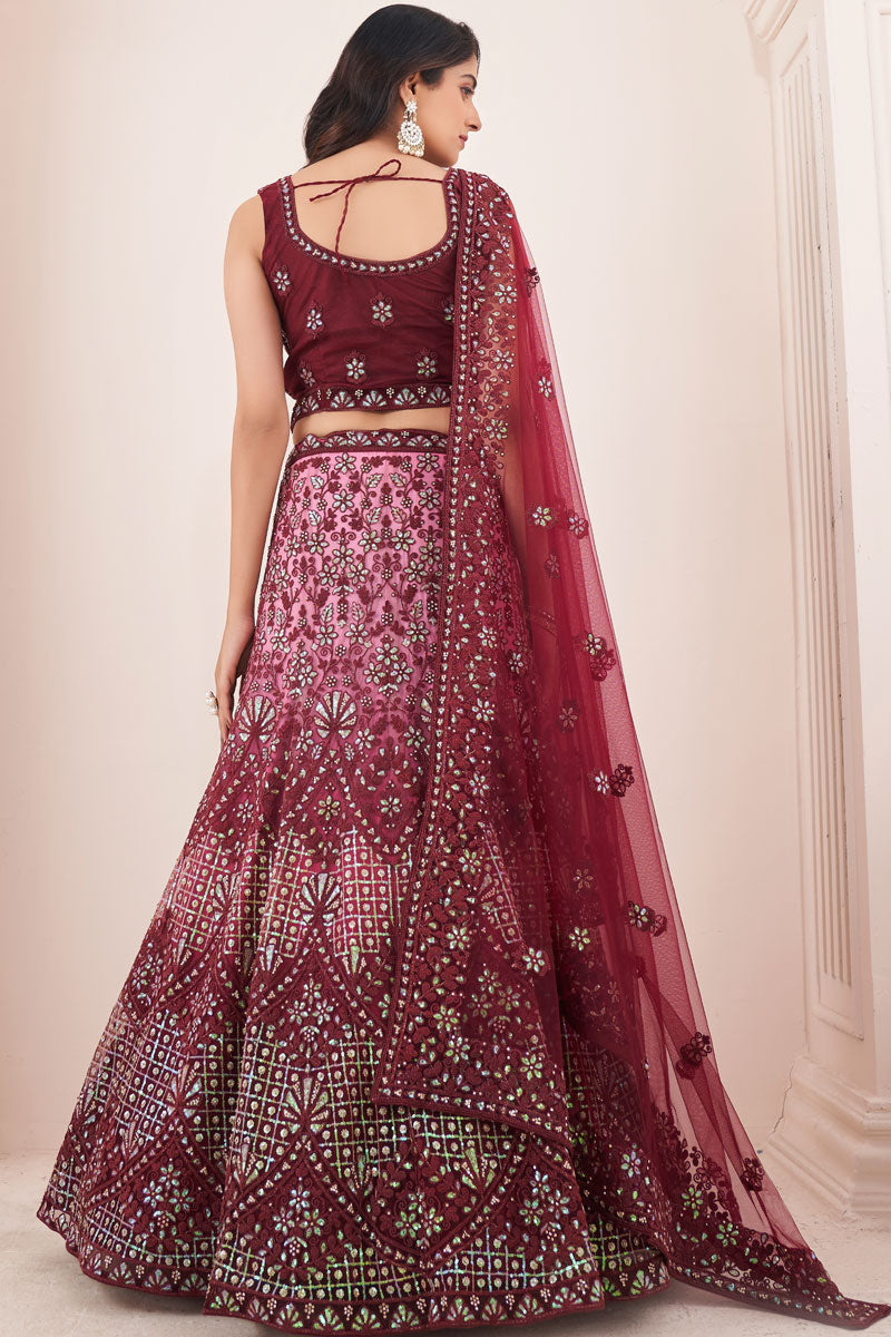 Wedding Wear Burgundy Inventive Lehenga In Net Fabric