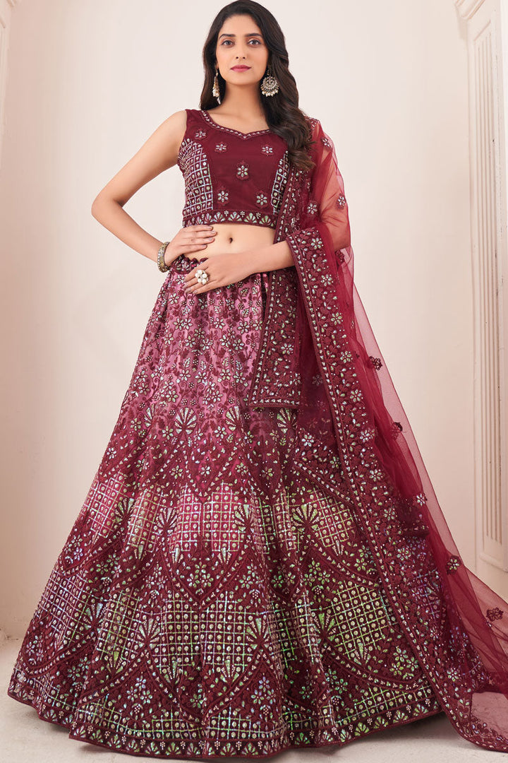 Wedding Wear Burgundy Inventive Lehenga In Net Fabric