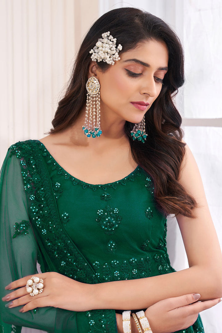 Dark Green Wedding Wear Lehenga Choli In Net Fabric