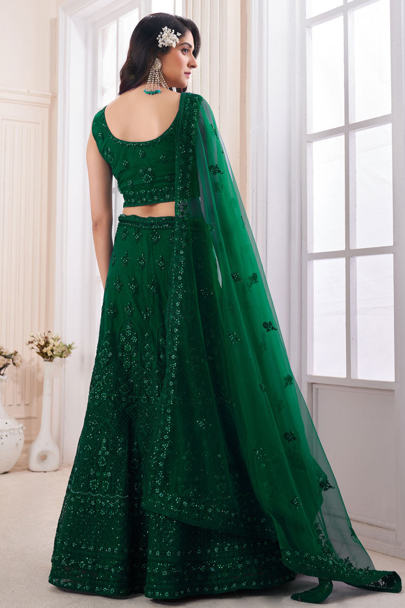 Dark Green Wedding Wear Lehenga Choli In Net Fabric
