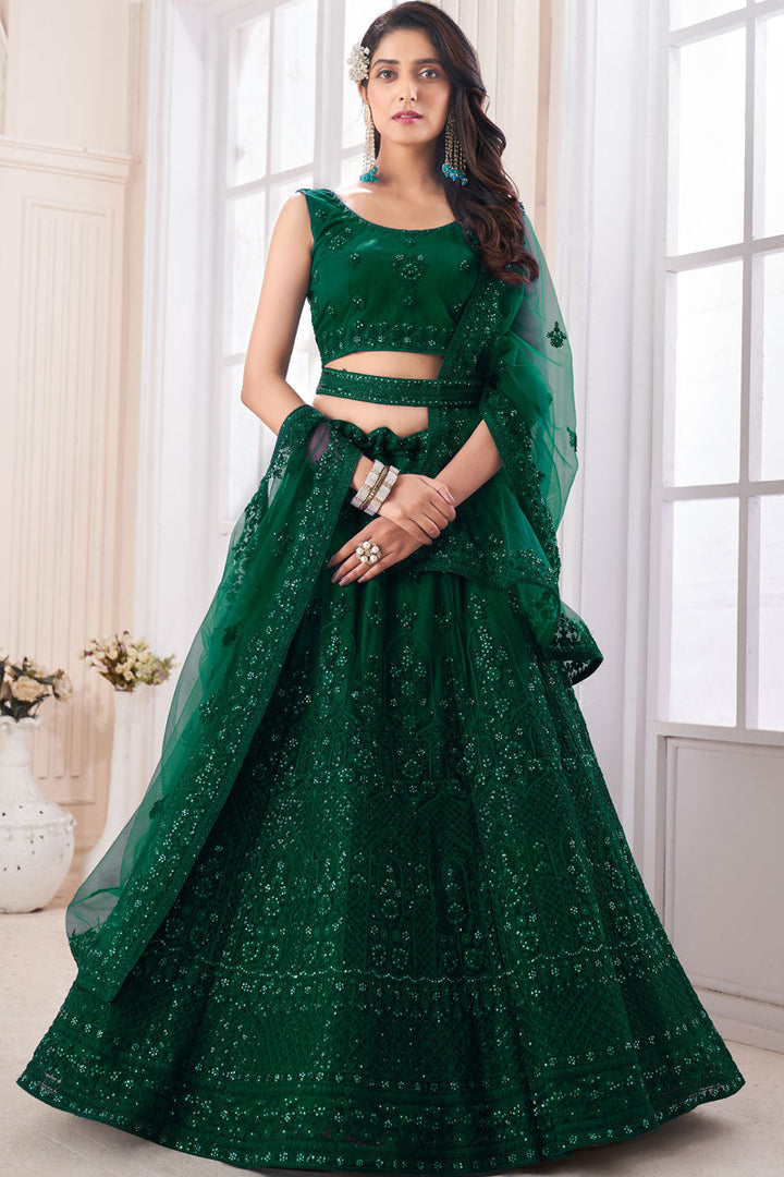 Dark Green Wedding Wear Lehenga Choli In Net Fabric