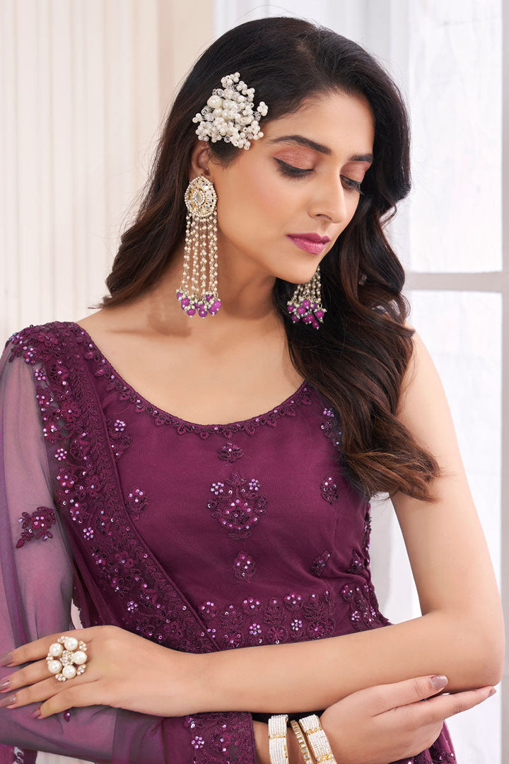 Wine Wedding Wear Net Fabric Lehenga Choli