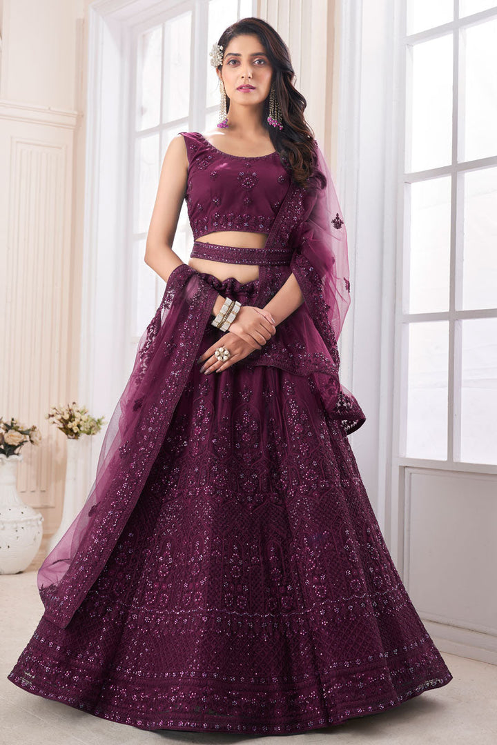 Wine Wedding Wear Net Fabric Lehenga Choli