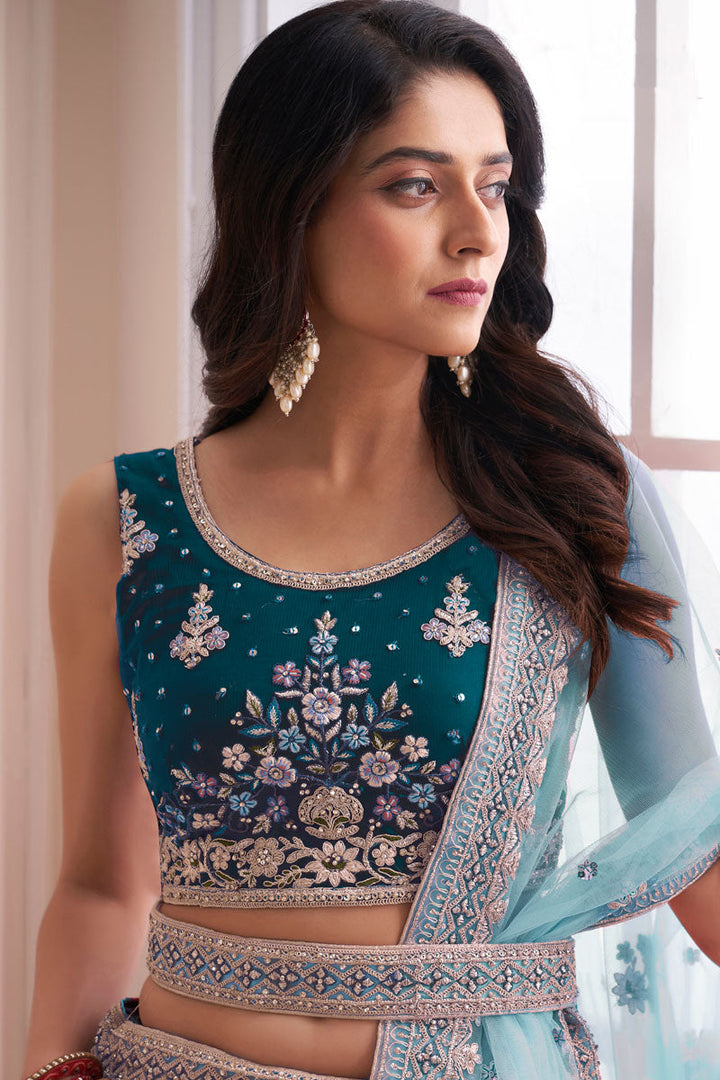 Teal Art Silk Fabric Lehenga Choli In Wedding Wear