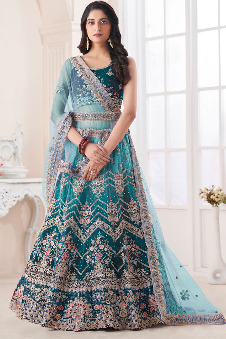 Teal Art Silk Fabric Lehenga Choli In Wedding Wear