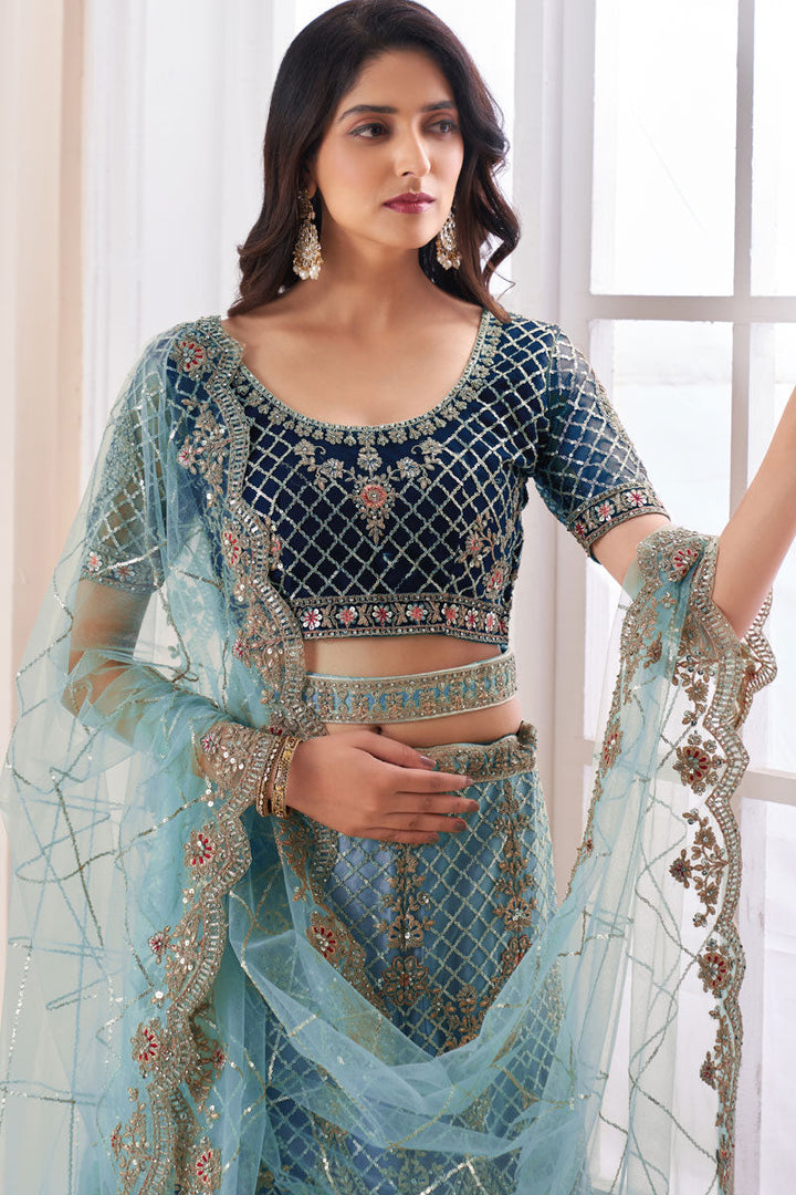 Wedding Wear Blue Lehenga Choli In Net Fabric