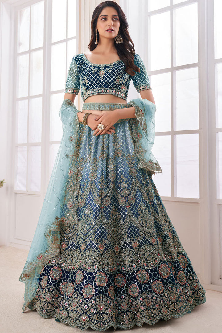 Wedding Wear Blue Lehenga Choli In Net Fabric