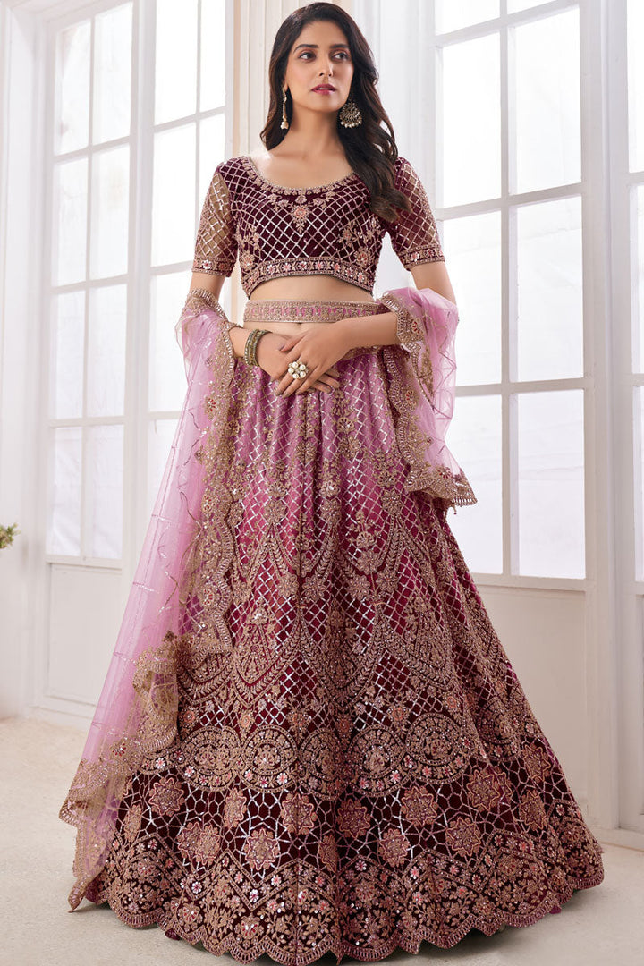 Net Fabric Wedding Wear Lehenga Choli In Maroon Color