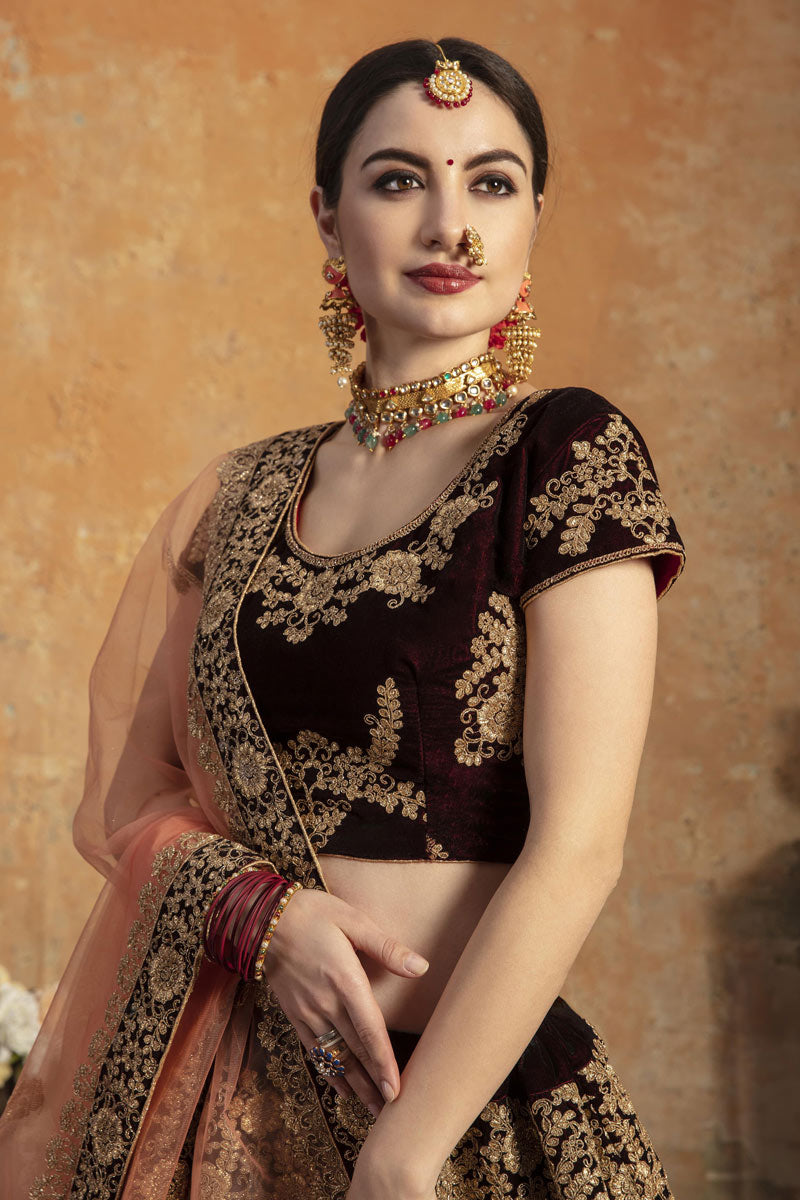 Embroidered Maroon Color Bridal Lehenga In Velvet Fabric With Designer Choli