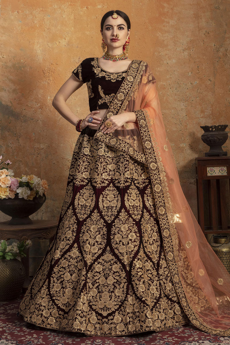 Embroidered Maroon Color Bridal Lehenga In Velvet Fabric With Designer Choli