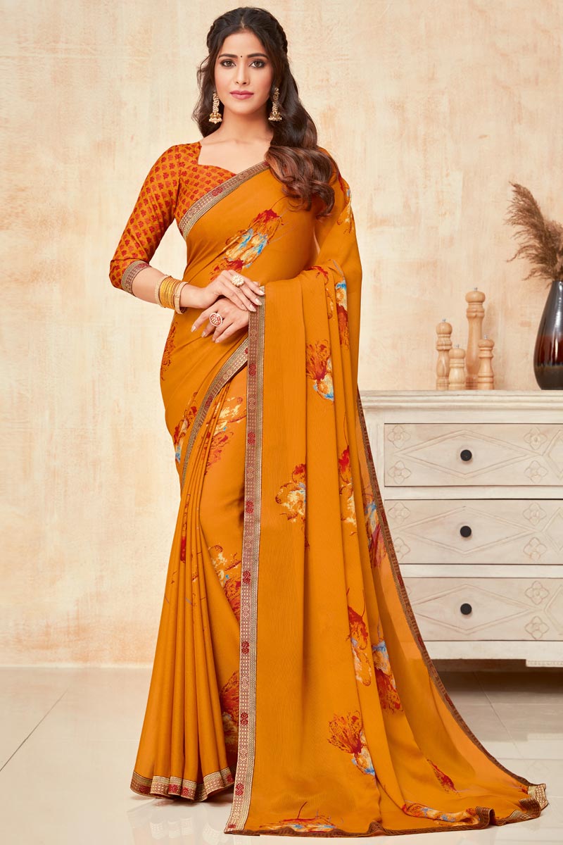 Mustard Color Georgette Silk Fabric Printed Saree