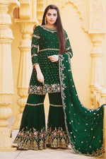 Load image into Gallery viewer, Embroidered Work On Georgette Fabric Dark Green Color Embroidered Readymade Sharara Suit In Party Wear
