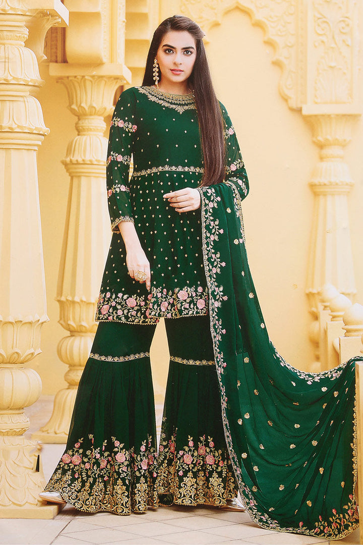 Embroidered Work On Georgette Fabric Dark Green Color Embroidered Readymade Sharara Suit In Party Wear