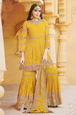 Load image into Gallery viewer, Excellent Georgette Fabric Yellow Color Bright Party Wear Readymade Sharara Suit With Embroidered Work
