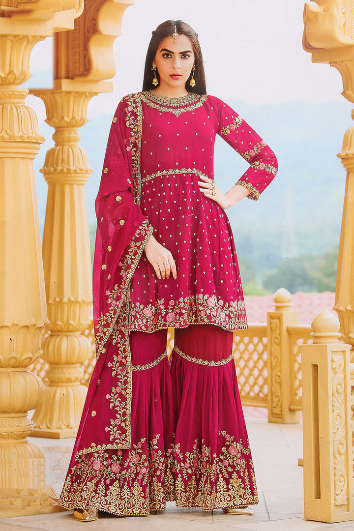 Rani Color Georgette Fabric Party Wear Embroidered Elegant Readymade Sharara Suit