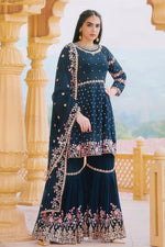 Load image into Gallery viewer, Teal Color Embroidered Work Georgette Fabric Party Wear Tempting Readymade Sharara Suit

