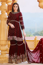 Load image into Gallery viewer, Charming Embroidered Work Maroon Color Georgette Fabric Party Wear Readymade Sharara Suit
