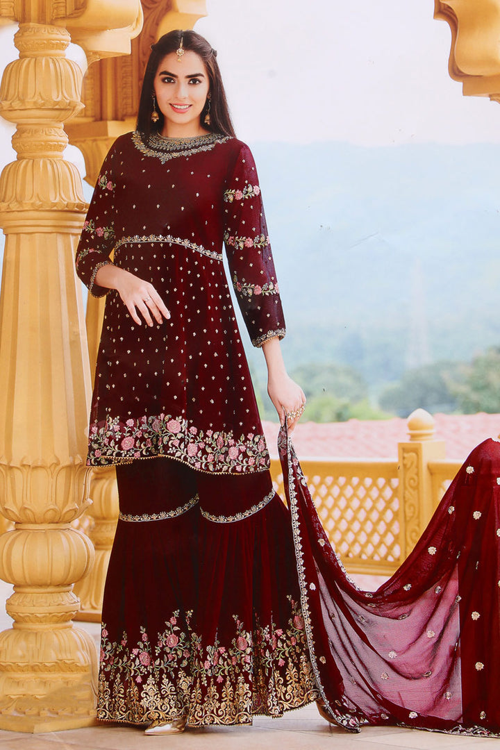 Charming Embroidered Work Maroon Color Georgette Fabric Party Wear Readymade Sharara Suit