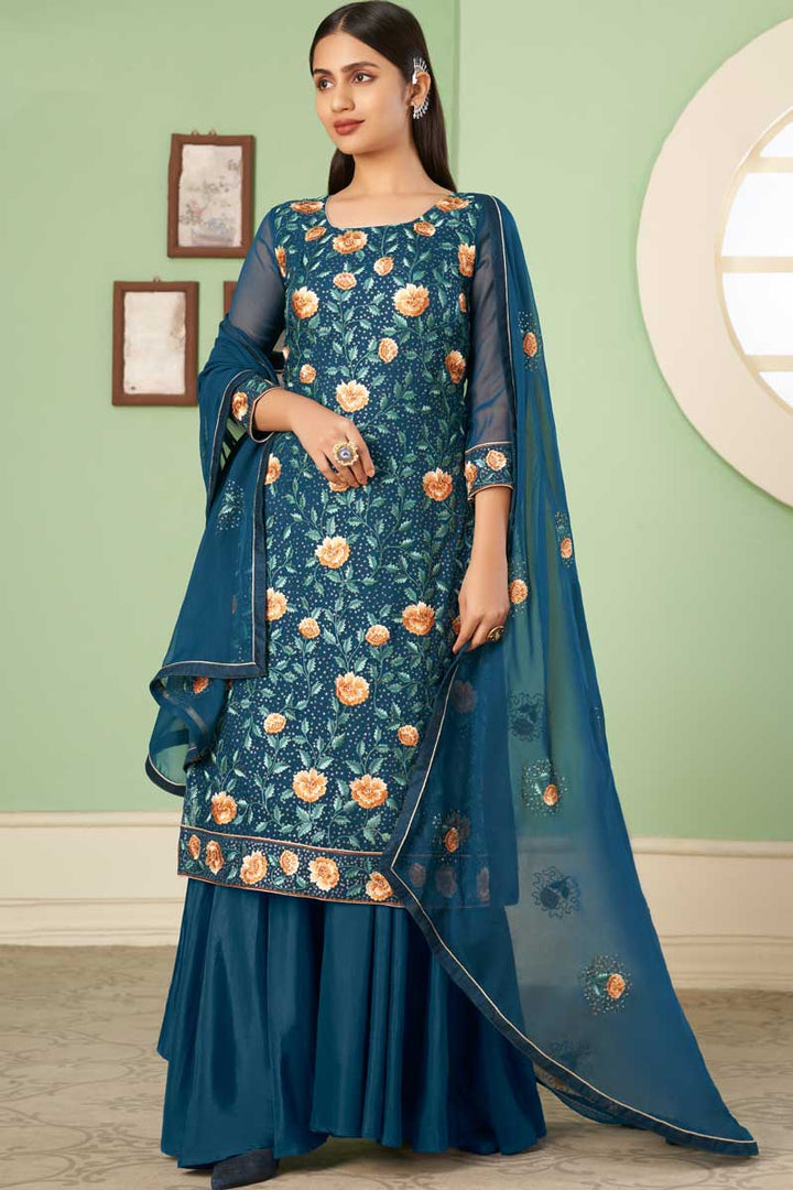 Georgette Fabric Teal Color Embroidered Work Delicate Palazzo Suit