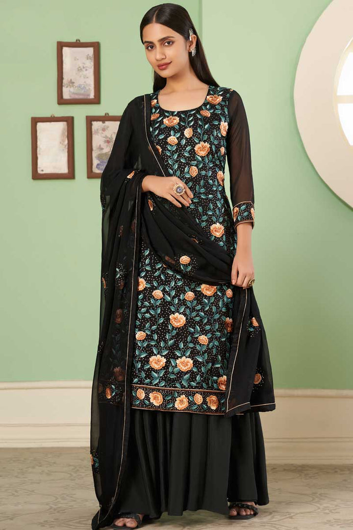 Black Color Georgette Fabric Chic Palazzo Suit With Embroidered Work