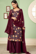 Load image into Gallery viewer, Georgette Fabric Maroon Color Embroidered Work Soothing Palazzo Suit
