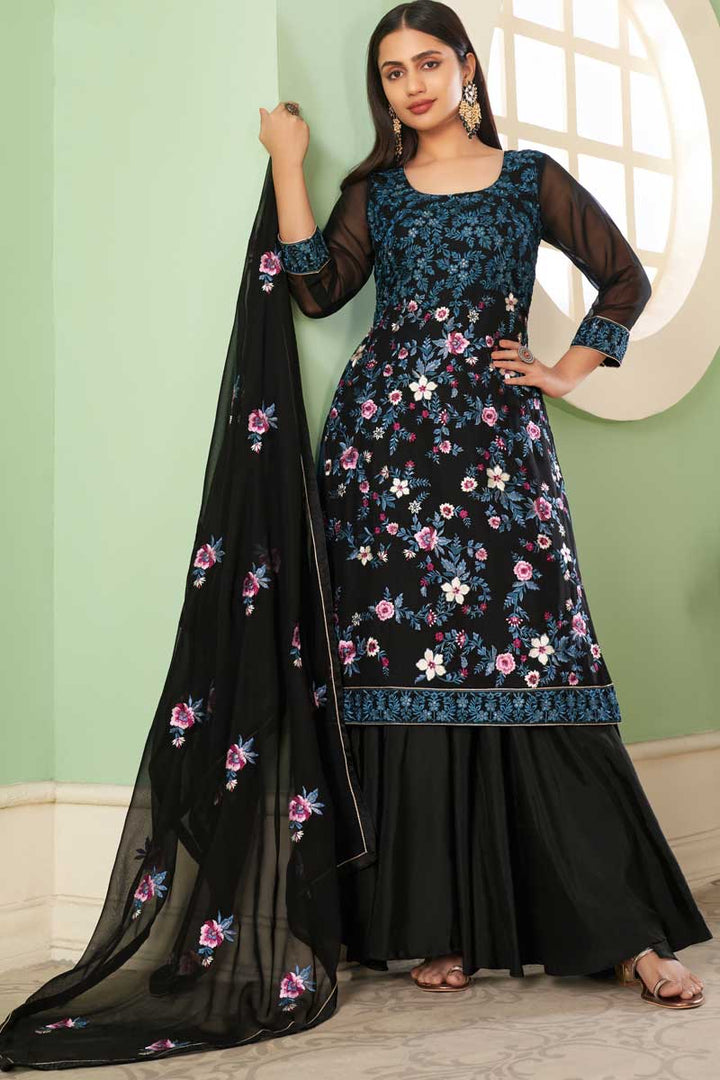 Black Color Georgette Fabric Embroidered Work Appealing Palazzo Suit
