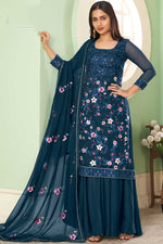 Load image into Gallery viewer, Glamorous Georgette Fabric Teal Color Embroidered Work Palazzo Suit
