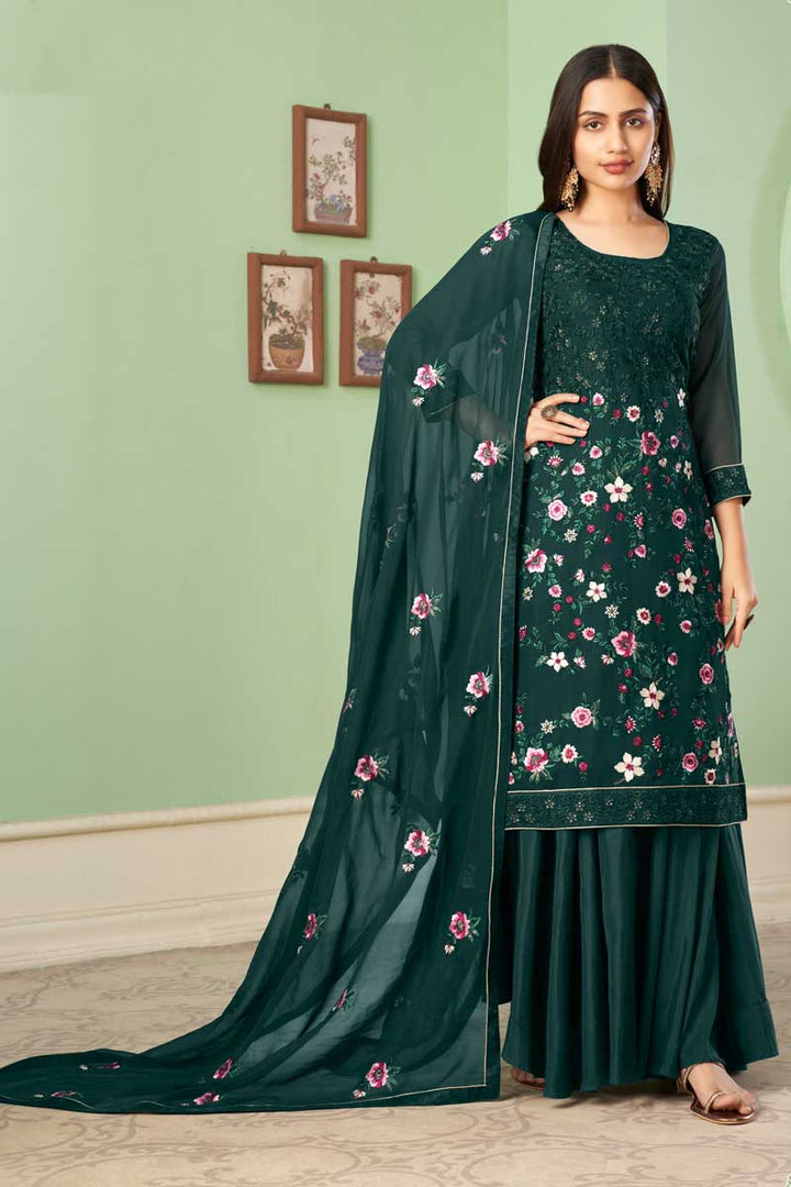 Dark Green Color Glorious Georgette Fabric Embroidered Work Palazzo Suit