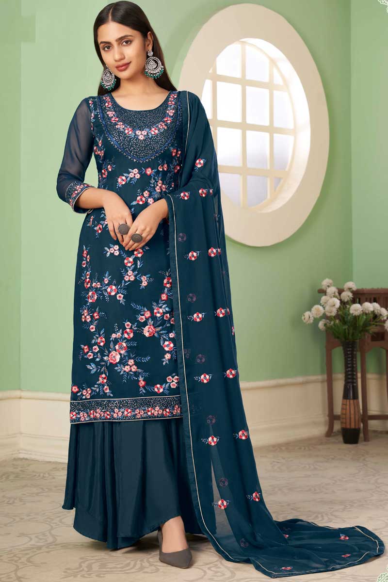 Georgette Fabric Exquisite Embroidered Palazzo Suit In Teal Color