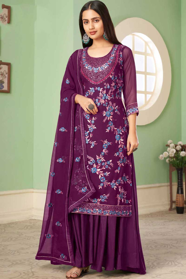Ingenious Georgette Fabric Purple Color Embroidered Work Palazzo Suit