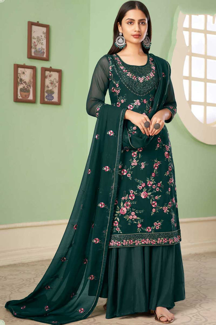 Embroidered Work Georgette Fabric Dark Green Color Enticing Palazzo Suit