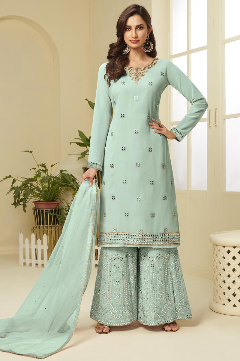 Georgette Fabric Function Wear Fancy Embroidered Sea Green Color Sharara Suit