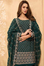 Load image into Gallery viewer, Georgette Fabric Party Style Dark Green Color Embroidered Sharara Suit
