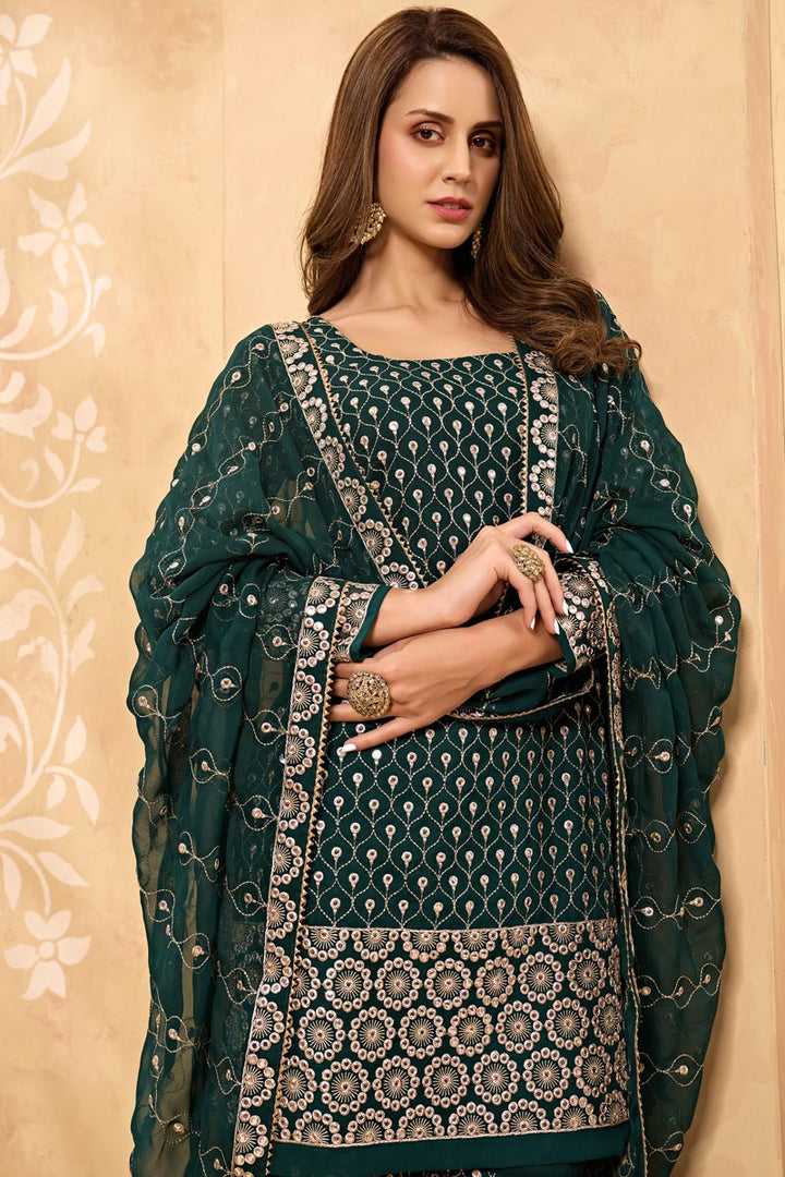 Georgette Fabric Party Style Dark Green Color Embroidered Sharara Suit